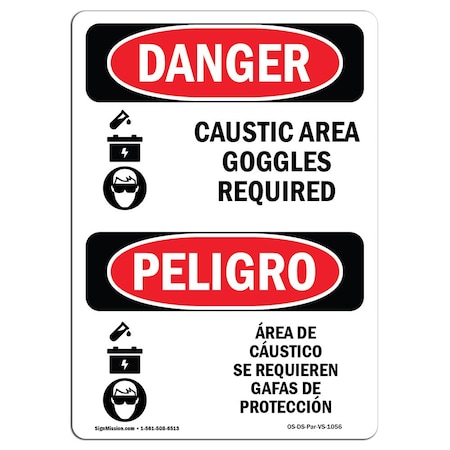 Signmission OSHA Danger, Caustic Area Goggles Required Bilingual, 7in X 5in Decal, 5" W, 7" H, Bilingual Spanish OS-DS-D-57-VS-1056